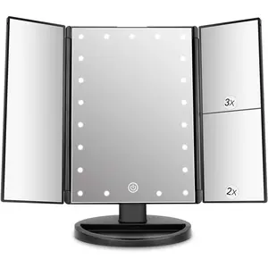 Tabletop Mount Trifold Lighted Vanity Mirror with 21 LED Lights, Touch Screen and 3X/2X/1X Magnification, Two Power Supply Mode Make up Mirror,Travel Mirror