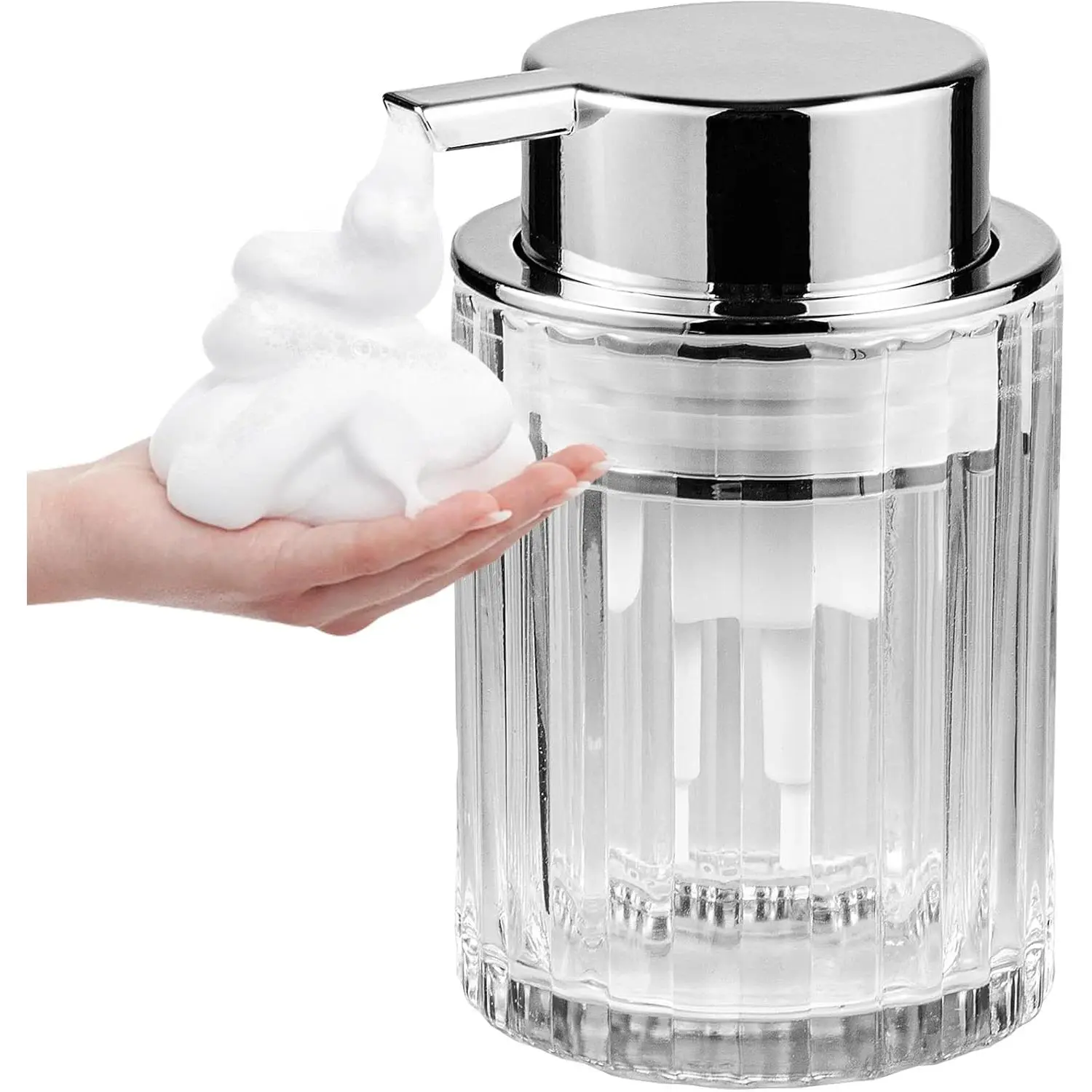 Foaming Hand Soap Dispenser, 8oz Refillable Clear Glass with  Pump, for Liquid Soap or Lotion, Vertical Ribbed Decor for Bathroom , Kitchen, Commercial Use - 1 Pack
