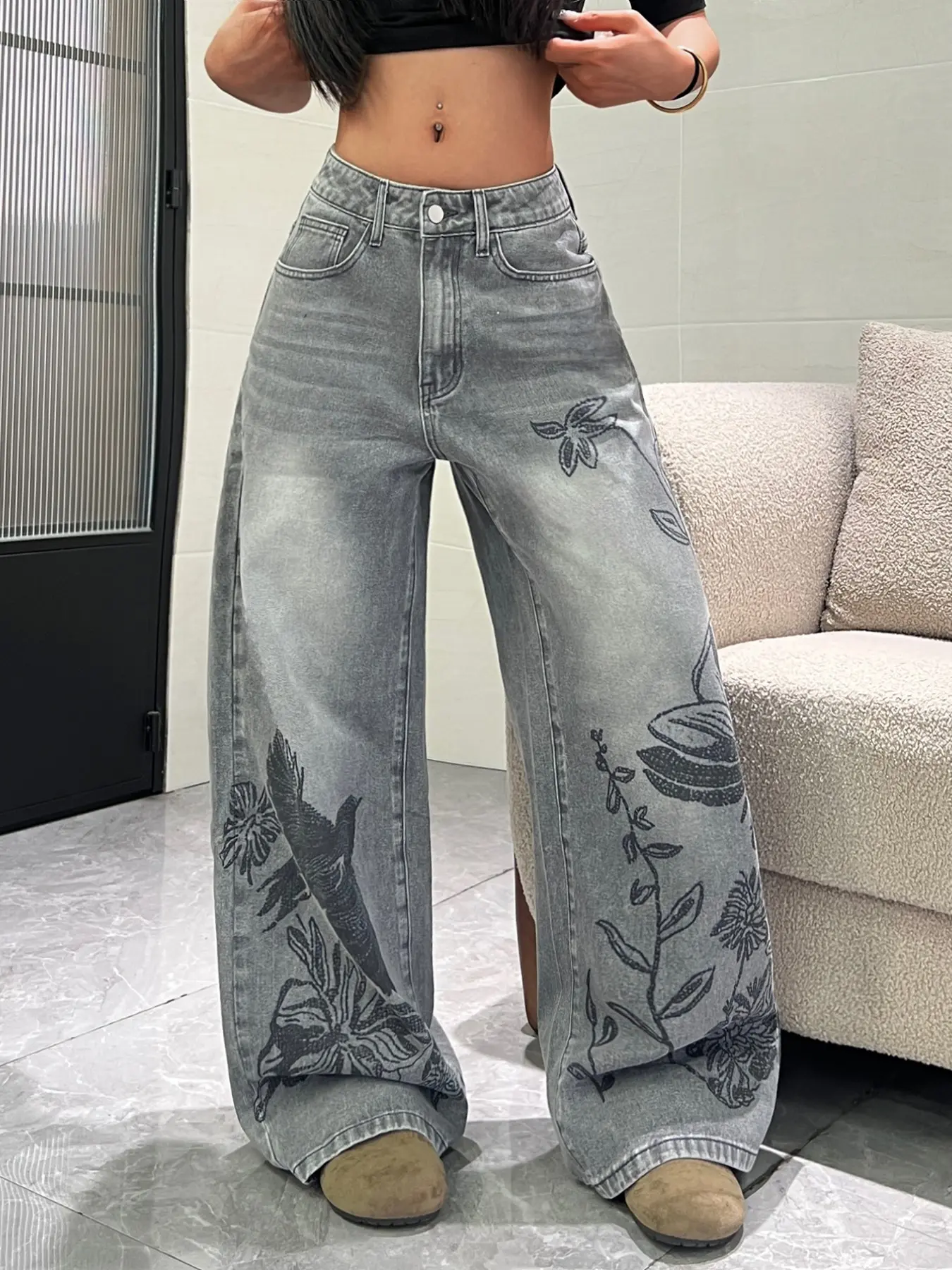Women's Vintage Washed Floral Bird Print High Waist Straight Leg Wide Leg Jean Pants, Hi Waist Denim, New Chinese Style Fashion Aesthetics Loose Long Pants for All Season