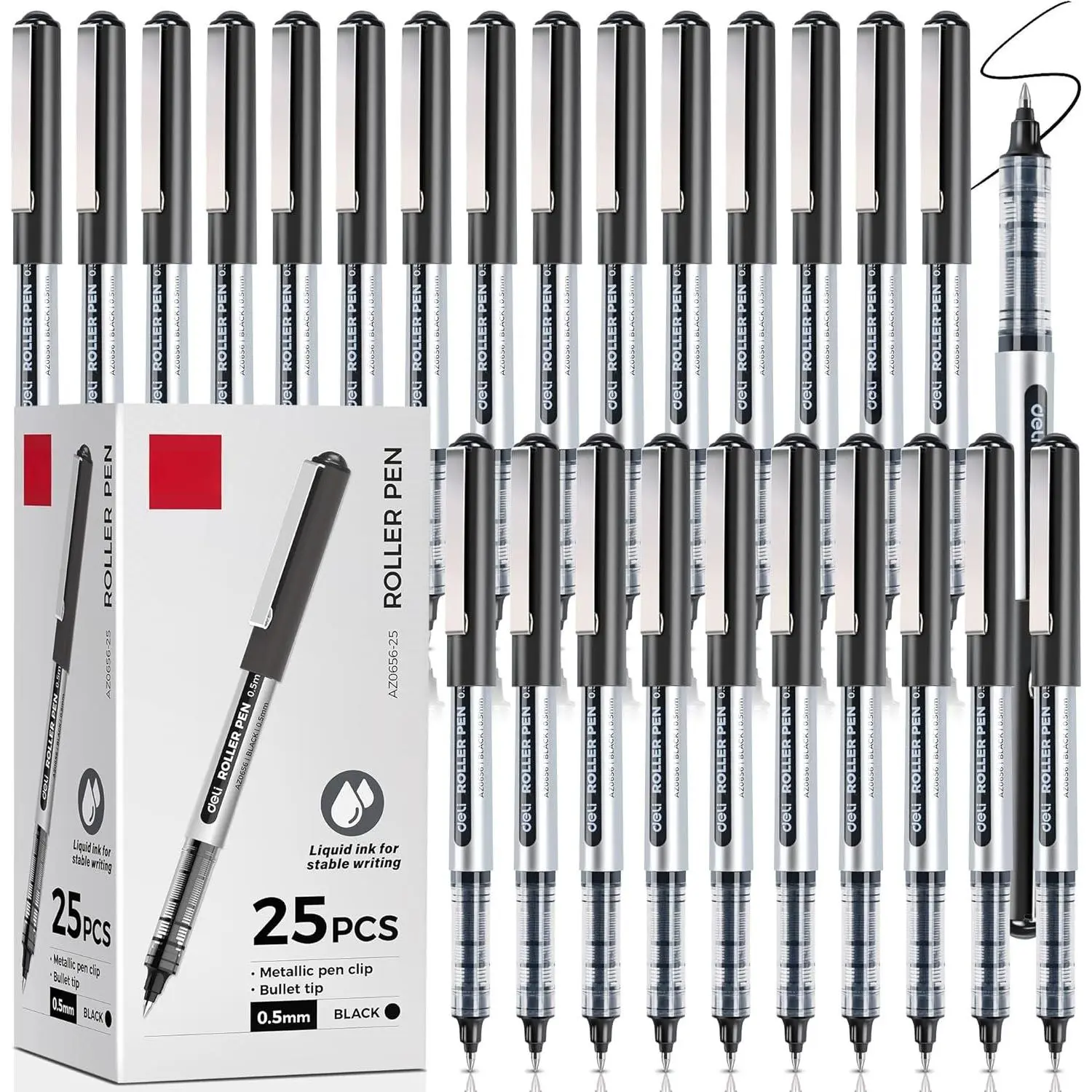 Rollerball Pens, 25 count Roller Ball Pens, 0.5mm Black Ink | Fine Point Pen Quick Dry, Liquid Ink Pen Smooth Writing for Journaling, Note Taking, Office, School Supplies