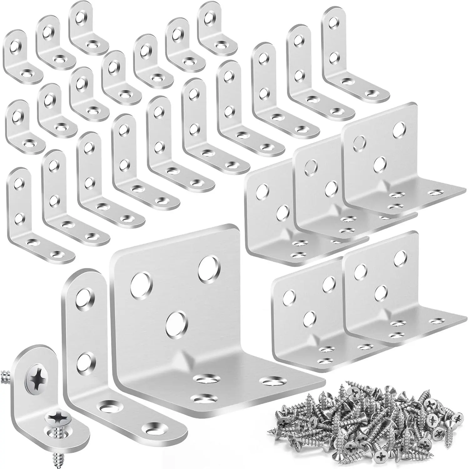 32 count L Corner Brackets,  Black Heavy Duty L Brackets for Shelves with 100 count Screws, Metal Right Angle Shelf Bracket, Metal Corner Brace for  Furniture (1.57x1.57in/0.79x0.79in)