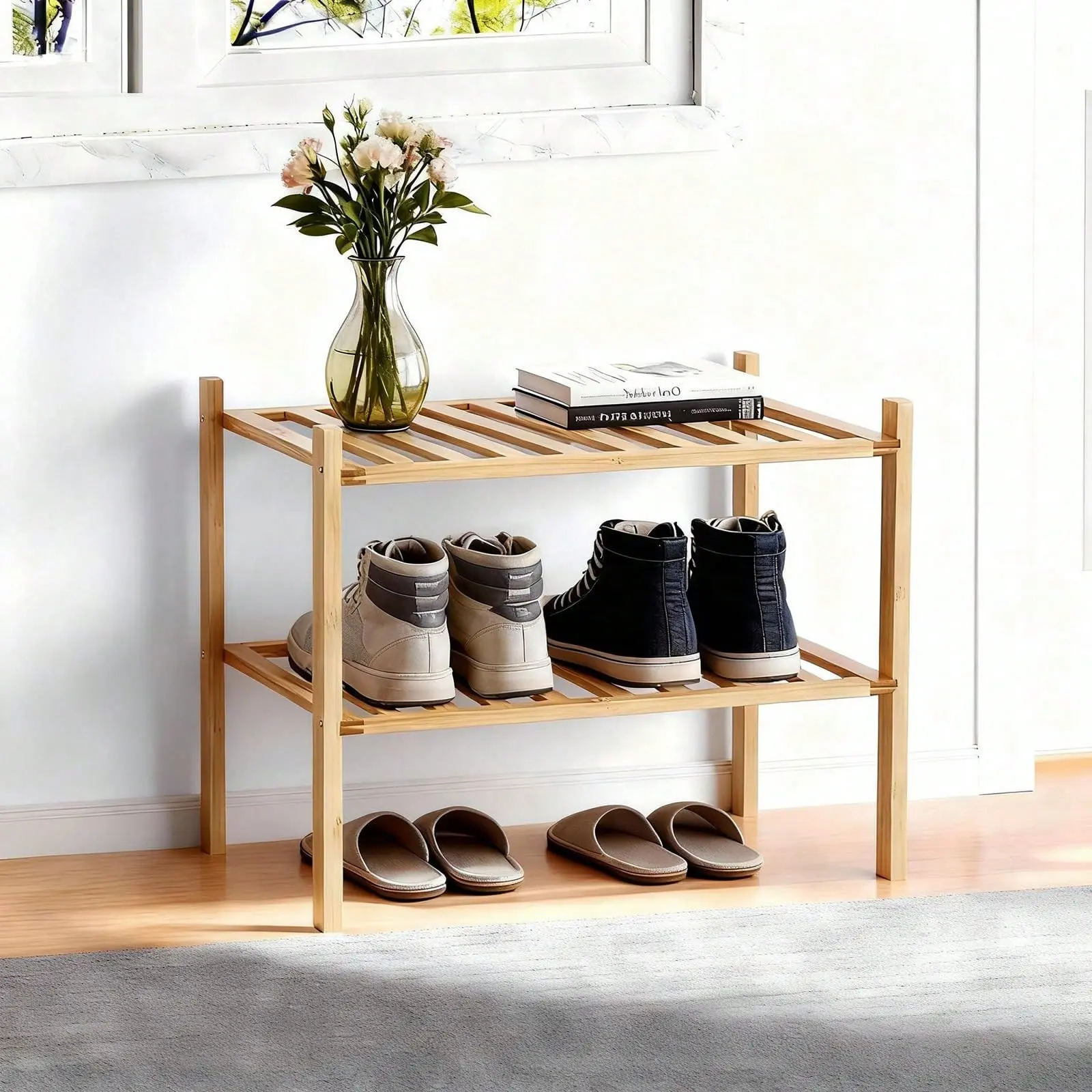 Small Shoe Rack, Multipurpose 3 Tier Shoe Organizers Rack,Small Bamboo Shelfs For Shoes, Plants, Books, Living Room, Hallway Bedroom, Bathroom (3 Tier)
