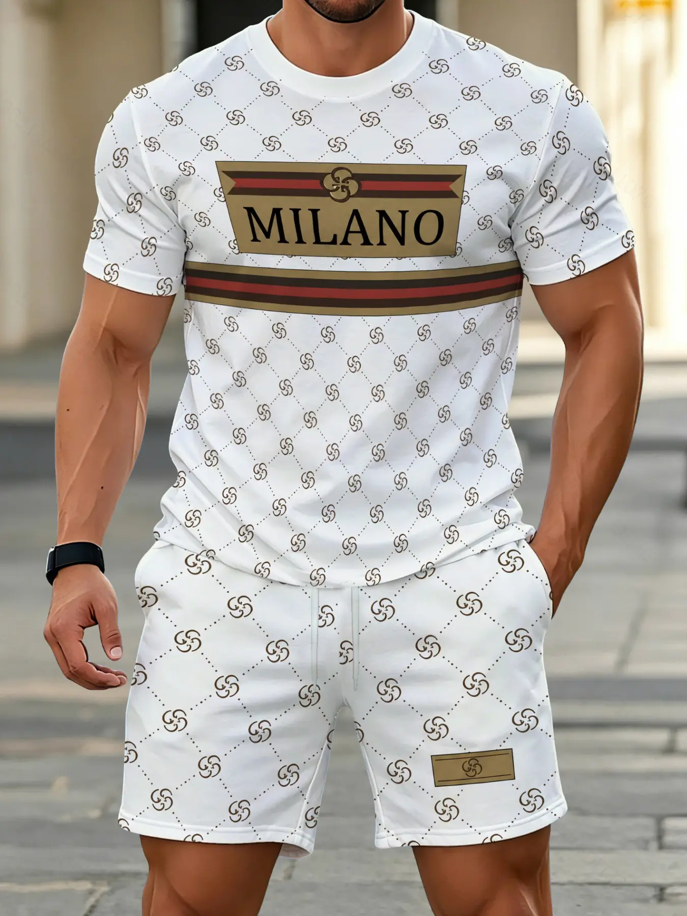 2-piece men's casual round-neck short-sleeved T-shirt and shorts set, men's two-piece casual shorts set, men's beachwear set, men's casual patterned shorts set