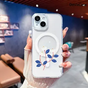 Phone Case - White Blossoms with Red Stems And Blue Leaves Elegance Transparent Acrylic Magnetic HD Clear Shockproof Printed Phone Case for iPhone 17 E Air Pro ProMax iPhone16 15 14 Plus 13 12 Mini 11 X XS XR Series Full Models Great Gif