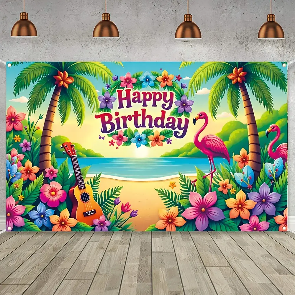 2D Flat Tropical Beach Happy Birthday Banner | Summer Ocean, Palm Trees & Floral Party Backdrop | Single-Sided Polyester | Metal Grommets for Easy Hanging | Perfect for Beach Birthday Parties, Pool Parties, Luau & Photo Booth Decor
