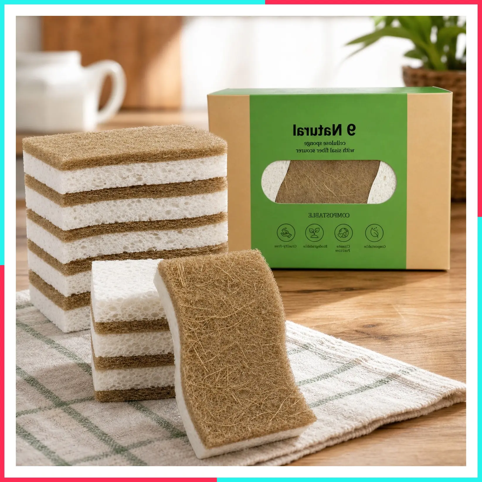 9 Pack Biodegradable Natural Kitchen Sponges - Compostable Cellulose & Coconut Walnut Scrubber, Eco-Friendly Sustainable Dish Sponges