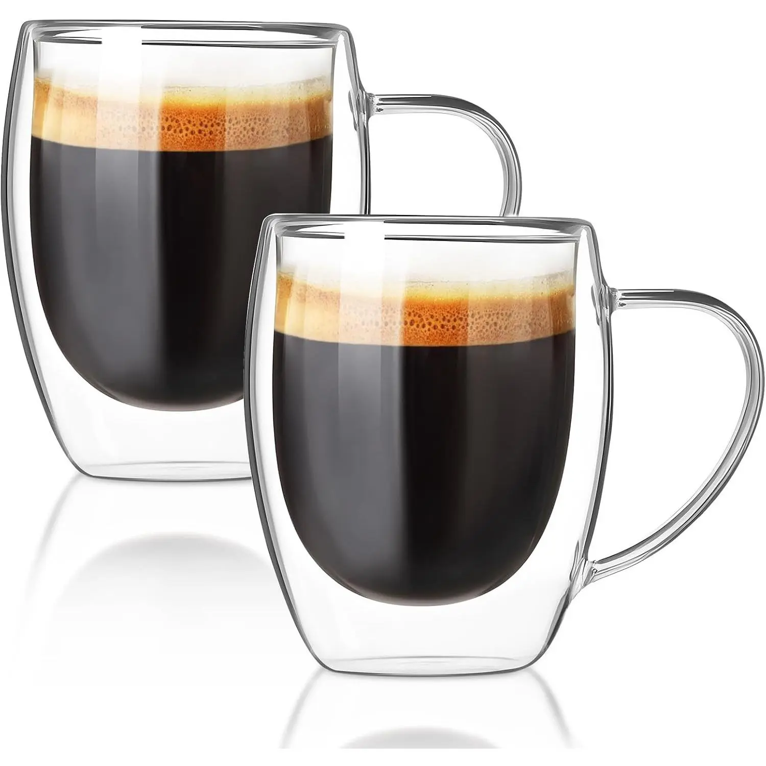 Set of 2 Double Walled 12 oz Glass Coffee Mugs, Clear Borosilicate Glass Cups with Handles, Perfect for Cappuccinos, Lattes & All Hot Beverages