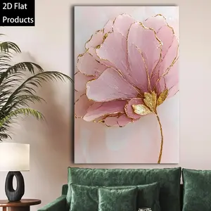 1pc Wooden Framed 2D Flat Canvas Art, Blush Pink Gilded Floral Elegant Wall Decor with Easy Installation, for House Bedroom Office Decoration, Great Christmas Gift