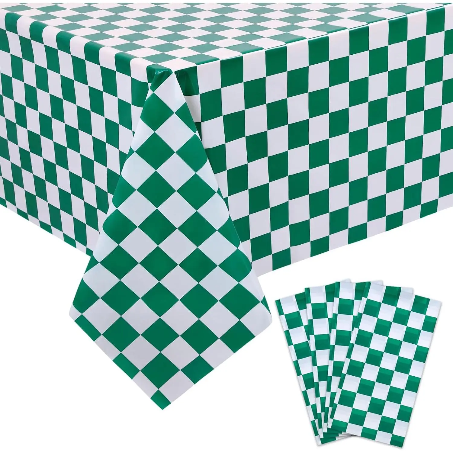 4 Pack Green and White Gingham Tablecloth, 54 x 108 Inch Disposable Plastic Table Cover,  Checkered Picnic Tablecloth for Parties, BBQ and Outdoor Events