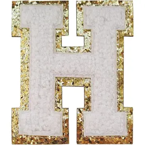 3Pcs 3.1in Height H Glitters Chenille Iron on Letter Patches Alphabet Cloth Patches for Team Costume Clothing Bags Hats Dress Decoration