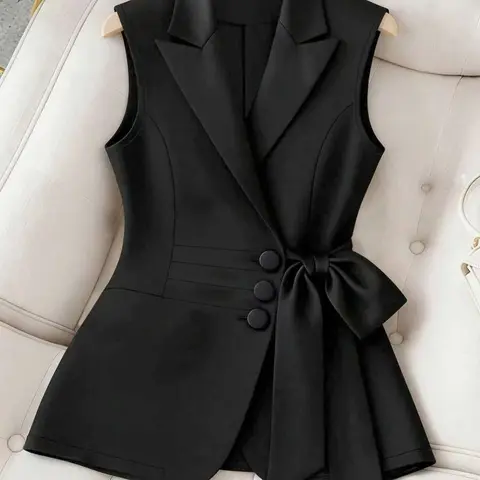 Women's Sleeveless Blazer Vest, Solid Vest Blazer, Waist Cinch Butterfly Knot Tie Front Button Elegant Formal Business Chic Top, Casual Outerwear, Short Length