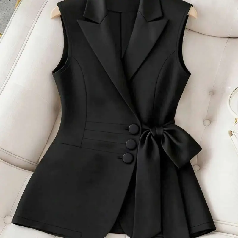 Women's Sleeveless Blazer Vest, Solid Vest Blazer, Waist Cinch Butterfly Knot Tie Front Button Elegant Formal Business Chic Top, Casual Outerwear, Short Length