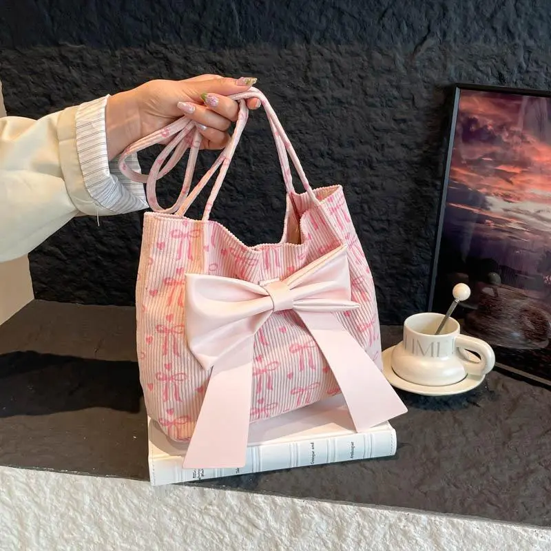 Women's Bow Canvas Tote Bag - Large Capacity Shoulder Purse, Cute Coquette Style Lightweight Casual Bag for Work, College, Daily Use, Handbag, Work Bag