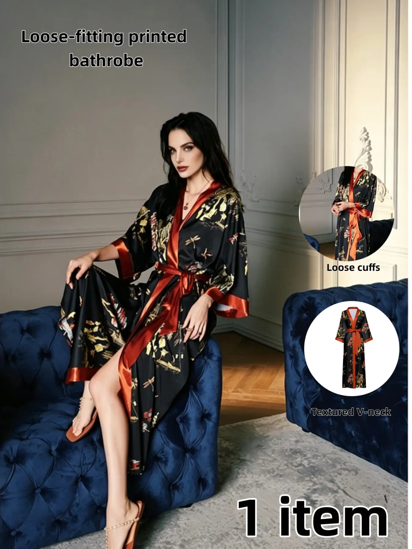 Elegant Satin Print Nightgown for Women, Summer Plus Size Lightweight Seven-Quarter Sleeve Long Robe, Vintage Japanese Hanfu Morning Dress