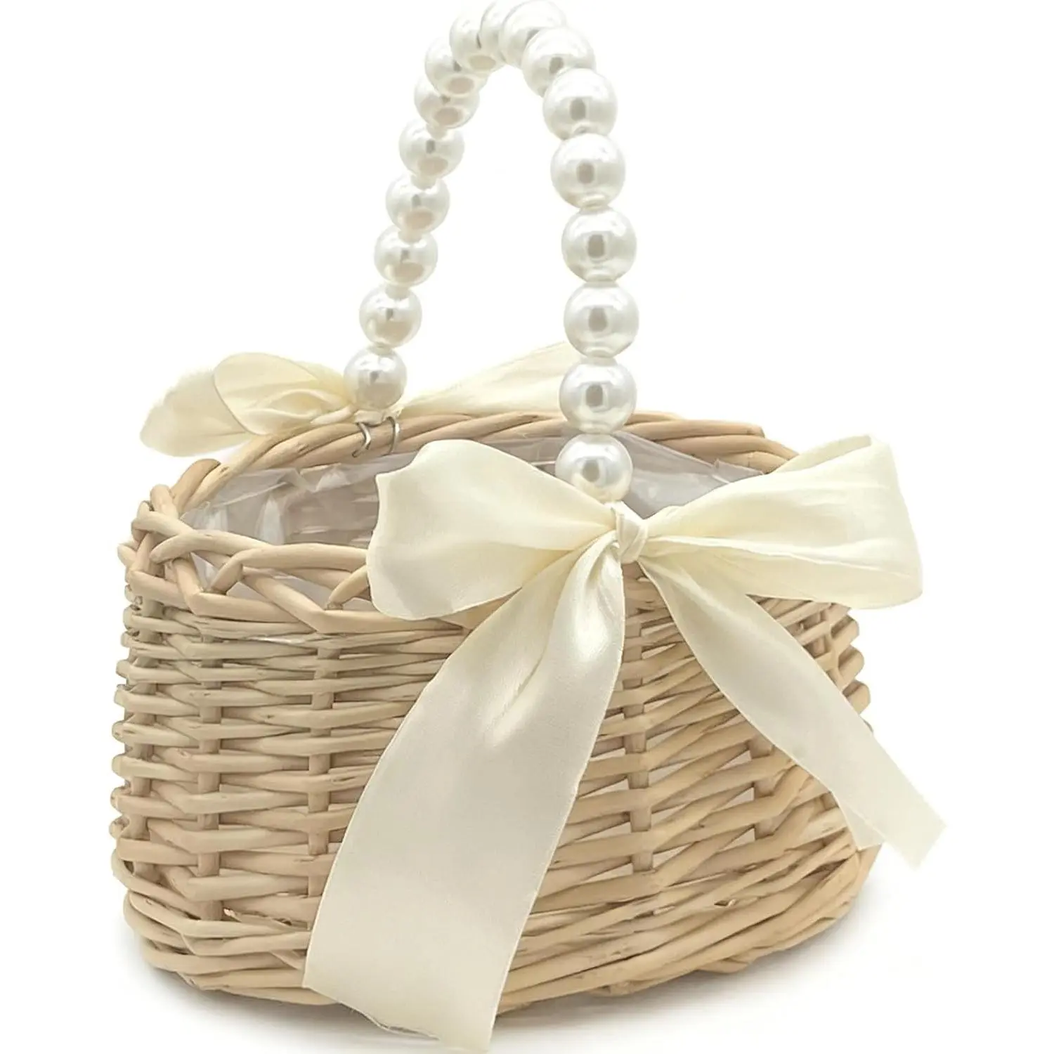 Wicker Rattan Flower Girl Basket with Pearl Handle, Satin Bowknot Flower Basket, Wedding Flower Girl Basket and Home Decorations