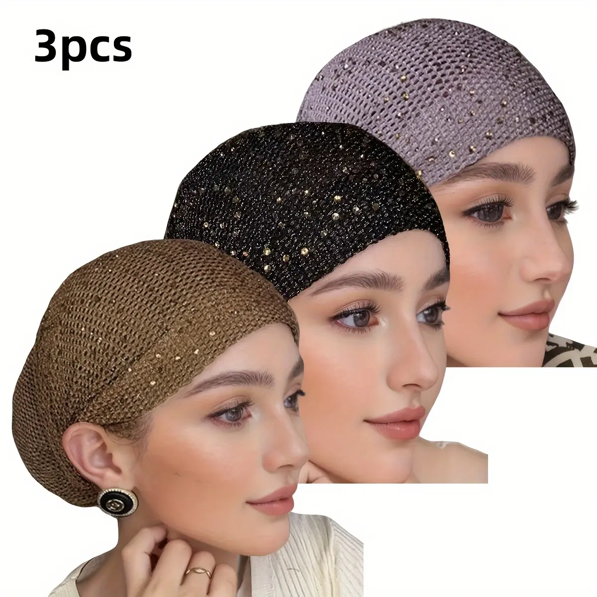 3Pcs Elegant Knit Beanie Hats for Women Sparkling Rhinestone Mesh Turban Caps Lightweight Soft Stretch Chemo Headwear Skullcaps for Bad Hair Days