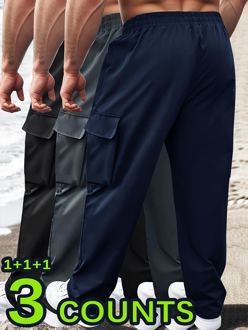 3pcs Men'S Casual Sports Cargo Pants - Drawstring Waist, Men's Sweatpants, Print Zip Pockets, Multiple Pockets, Lightweight for Spring & Summer, Ideal for Outdoor Running & Training, Casual Wear Pants | Cargo Style Pants | Lightweight Fabric