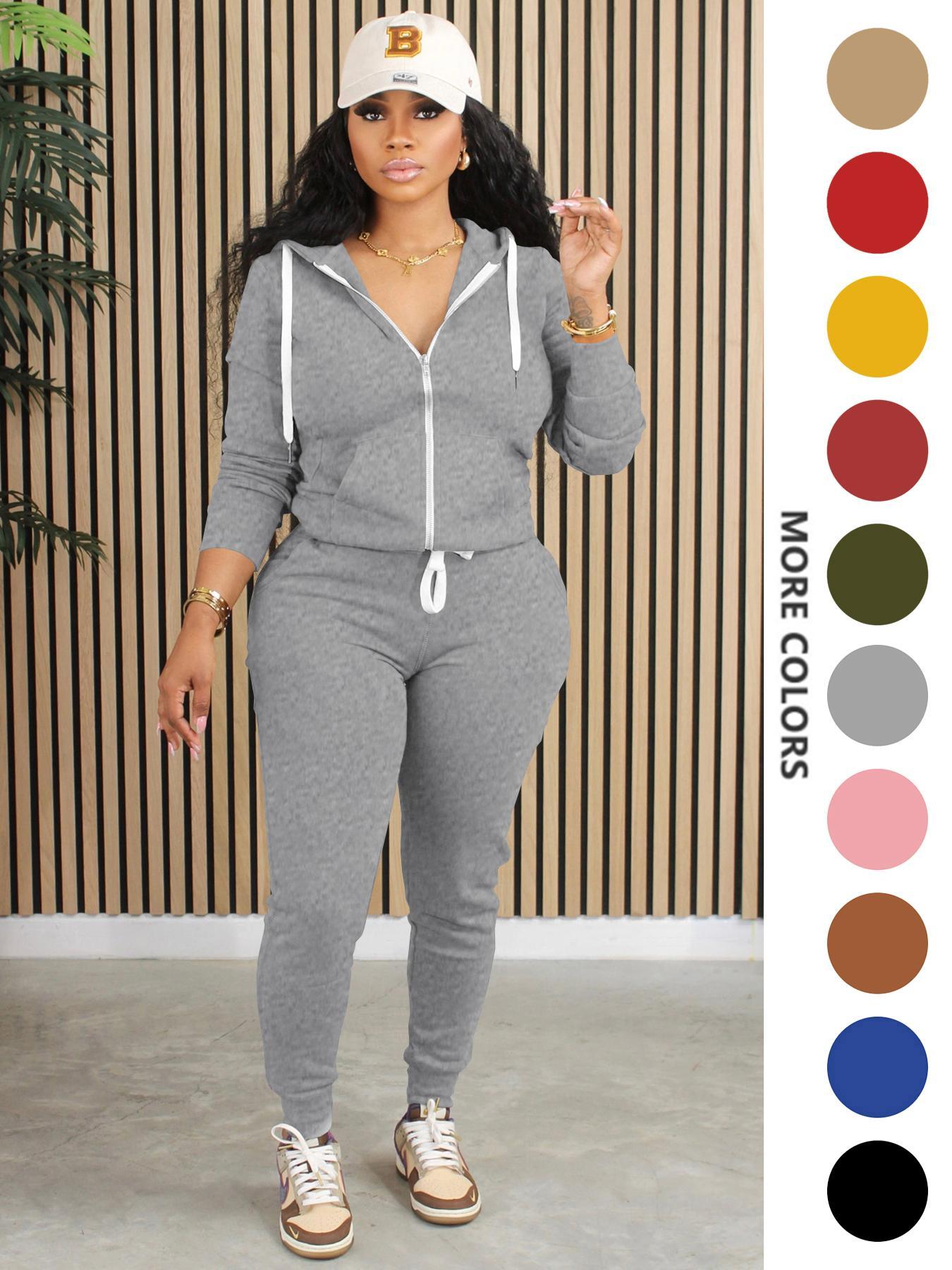 Two-Piece Set Women's Solid Zip Up Fitted Hoodie & Drawstring Waist Pants, Casual Long Sleeve Hooded Sweatshirt & Pocket Trousers for Spring & Fall, Women's Clothes for Daily Wear, Casual Fashion Set