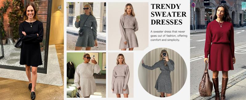 Saodimallsu Womens Puff Long Sleeve Sweater Dress Cable Knit A Line Crew Neck Fall Casual Flare Mini Dresses