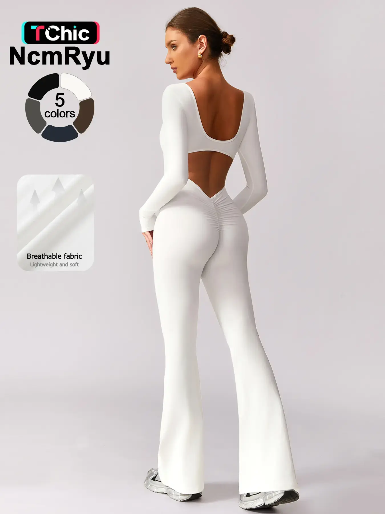 Women's high elasticity long sleeved backless sports jumpsuit, Stretchy Jumpsuit, Activewear jumpsuit with wide legs and hollow back waist lifting and tight fitting yoga clothes for all seasons golf tennis running cycling hiking gym training