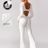 Women's high elasticity long sleeved backless sports jumpsuit, Stretchy Jumpsuit, Activewear Jumpsuit, Workout Jumpsuit, with wide legs and hollow back waist lifting and tight fitting for all seasons golf tennis gym training