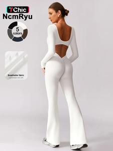 women's high elasticity long sleeved jumpsuit with wide legs and hollow back waist lifting and tight fitting yoga clothes for all seasons golf tennis outdoor running cycling hiking walking gym sports training fashionable and versatile