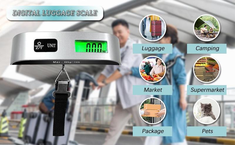 Portable Digital Luggage Scale with Green Backlight LCD Display, 110 Pounds Capacity, Waterproof & Wear-Resistant, Ideal for Travel, Backpacks & Packages, Battery Included