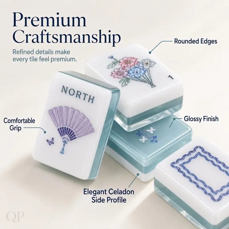 Women’s Luxury Collectible 3-Ply Acrylic Lake Blue Mahjong Set - Inlaid Butterfly Design, Dual Digit-Letter Printed Floral Fan Tile Face, Glossy Finish, Rounded Edges, Comfortable Grip, Elegant Celadon Side Profile, Ideal for Women’s Parties, Gifting