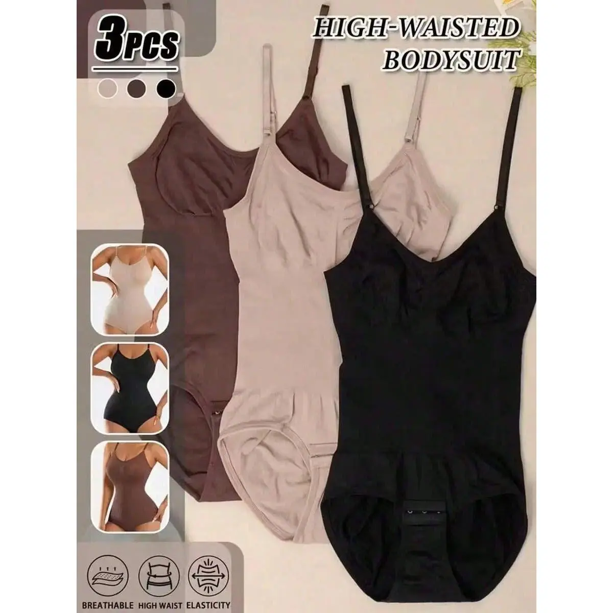 Women's 3-Pcs Multicolor Bodysuit Shapewear Set - Seamless Thong, Thick Straps, Waist Cincher with Tummy Control, Scoop Neck, Comfortable Nylon-Cotton Fabric, for Office Use