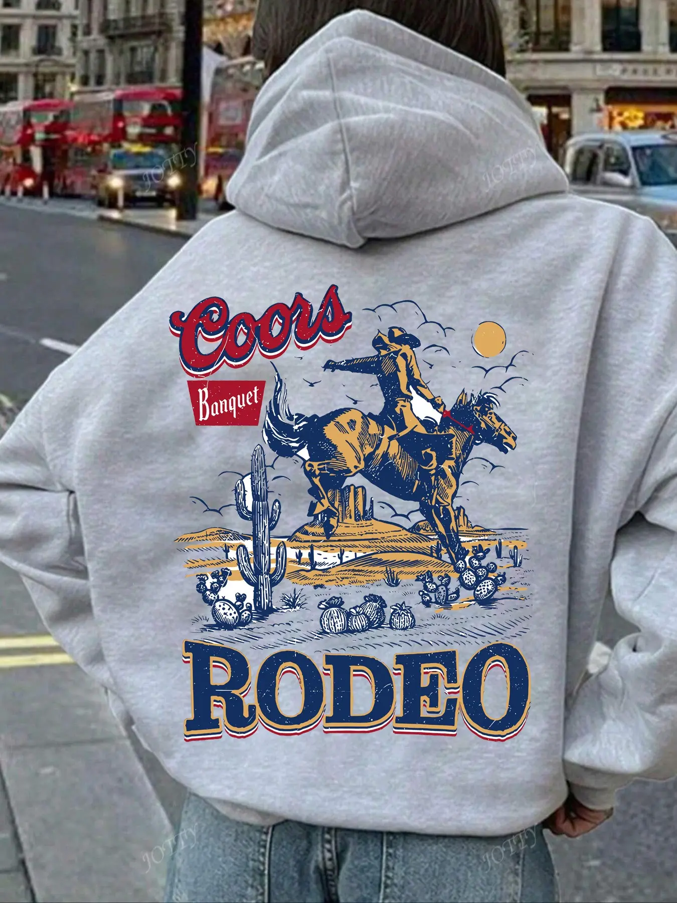 Women's Hooded Sweatshirt with Kangaroo Pocket, Casual Loose-Fit Denim Print, Long Sleeve Drawstring Design, Summer Fashion, Cute Cozy Sweatshirt, Casual Print Hoodie, Hoodie Clothing Tops