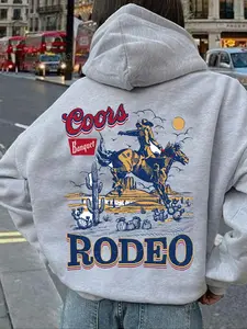 Women's Hooded Sweatshirt with Kangaroo Pocket, Casual Loose-Fit Denim Print, Long Sleeve Drawstring Design, Summer Fashion, Cute Cozy Sweatshirt