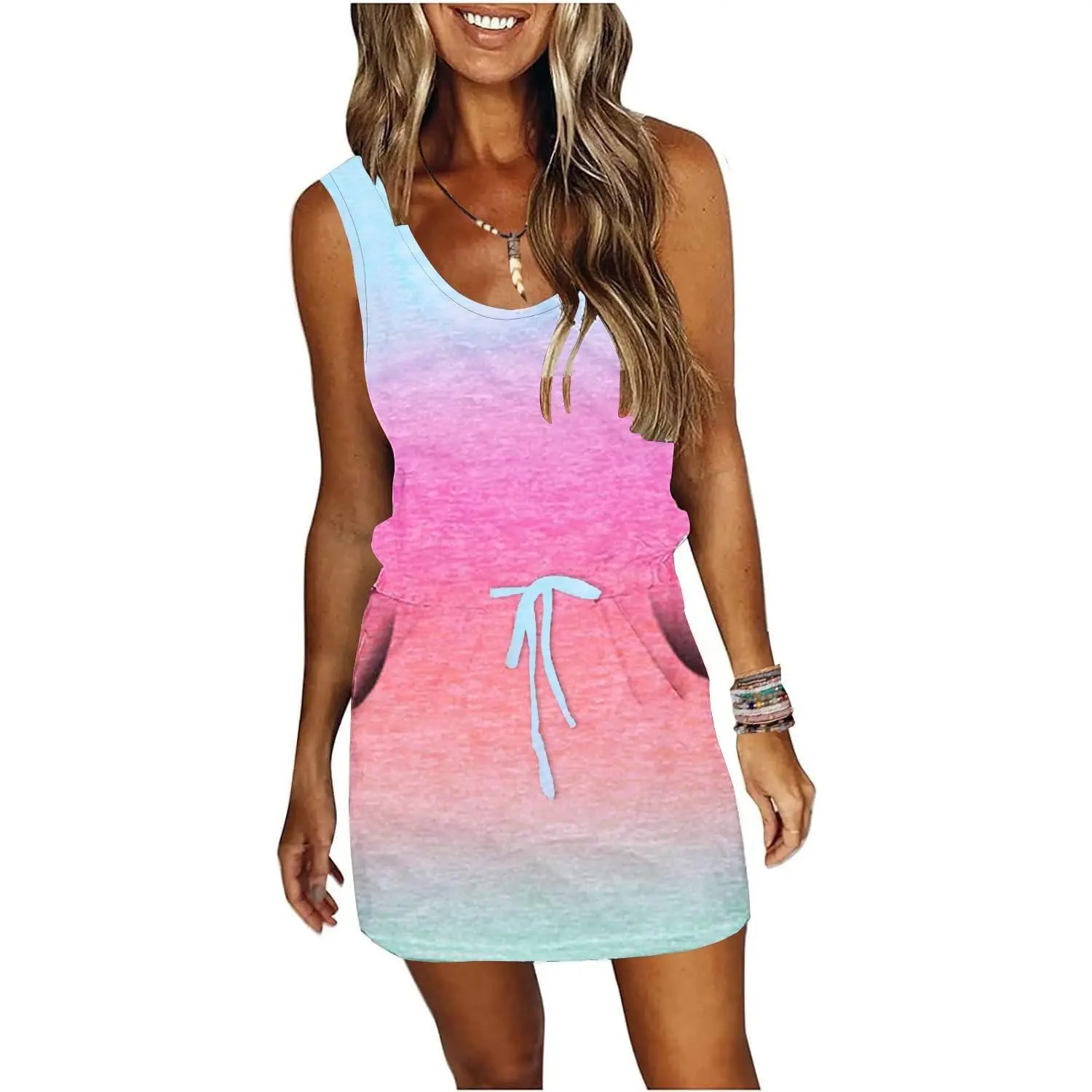 ETCYY NEW Womens Summer Striped Dresses Casual Sleeveless T Shirt Dress Drawstring Waist Sundress with Pockets