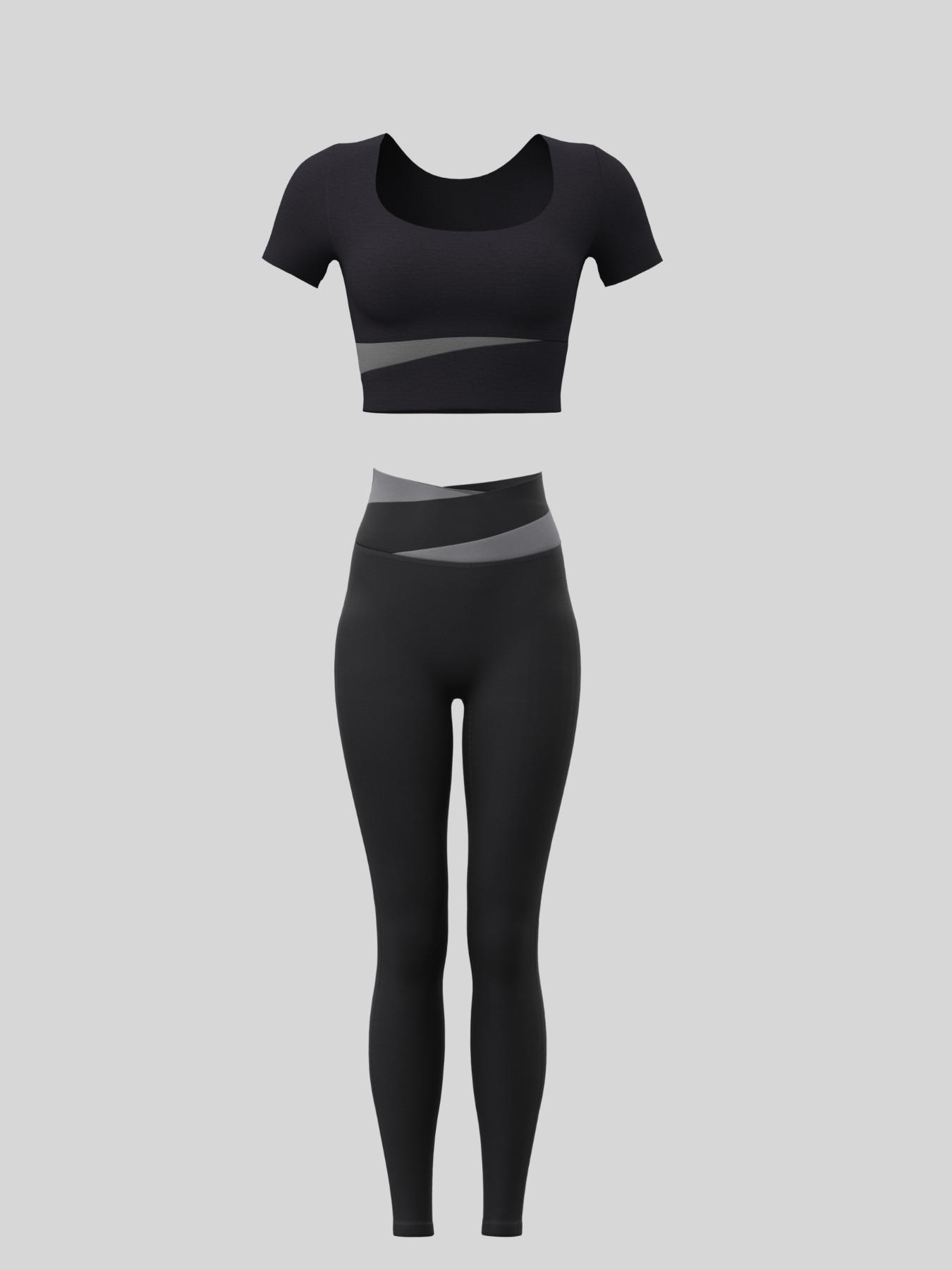 Women's Colorblock Crop Tee & High Waist Leggings Tracksuit Set, Sporty Breathable Comfy Outfits for Yoga Gym Workout Running Clothes, Ladies Sportswear for All Seasons