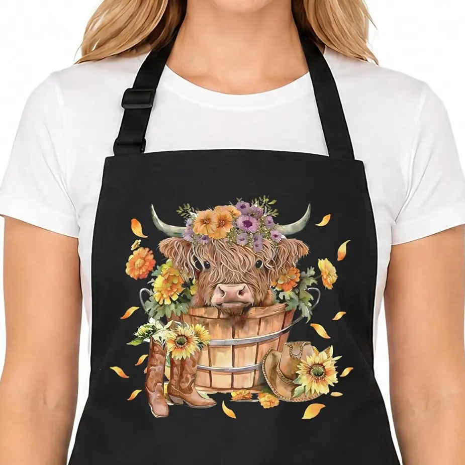 Western Cowboy Highland Cow Apron With Pockets, Farmhouse Rustic Floral Highland Cow Waterproof Adjustable Bib Apron For Kitchen Cooking Dishwashing Baking Grilling
