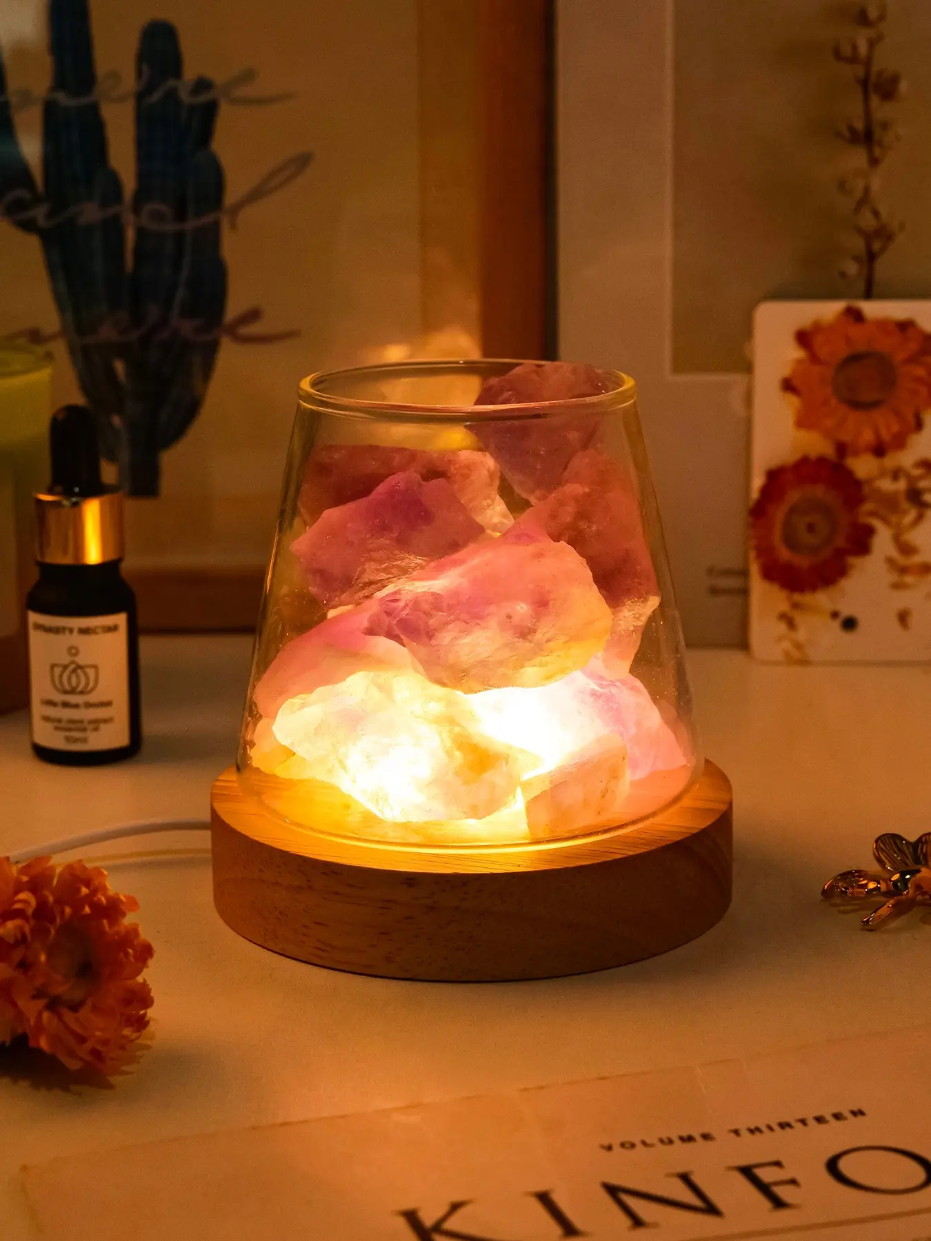 Natural Crystal Lamp Set with Glass Jar and Base, LED Crystal Night Light, Aromatherapy Crystal Desk Lamp, Home Bedroom Decor Gift, Decorative Lights