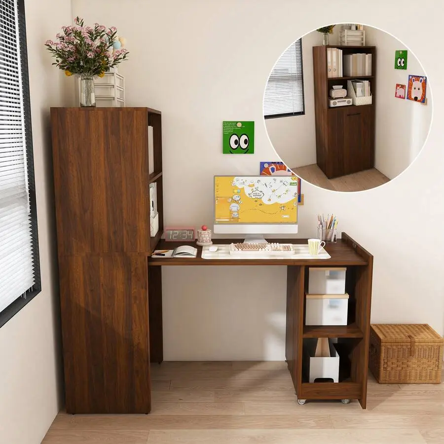 Walnut Multi-Functional Expandable Desk - Stretchable, Foldable Mobile Rolling Office Workstation with Storage Shelves, Lockable Wheels for Small Apartment & Home Office Use