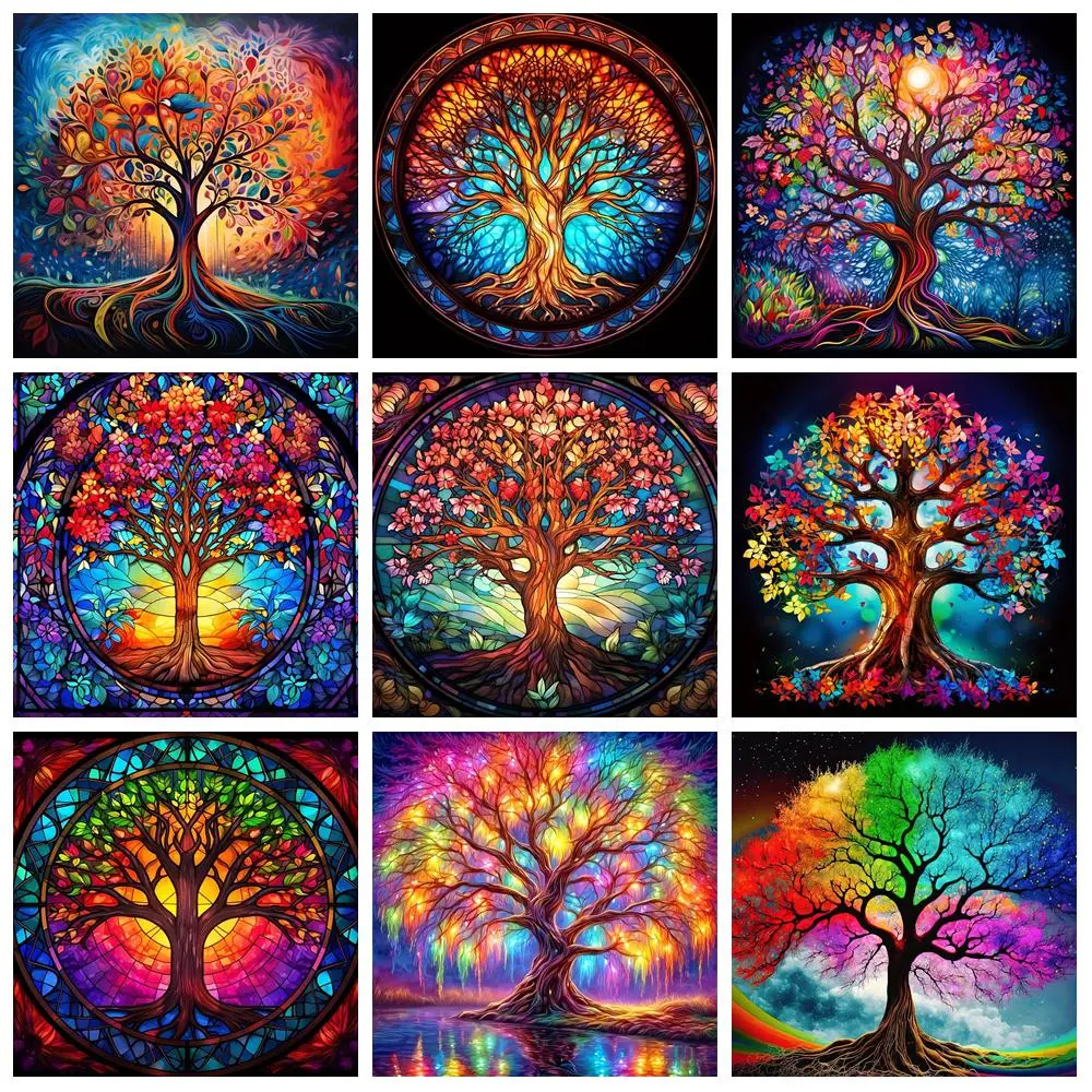 Colorful Stained Glass Tree of Life Water-Based Non-Toxic Painting by Numbers Kit, Relaxing DIY Art Kits, Rainbow Magical Canvas Supplies, Spiritual Handcraft Gift for Adult Beginners, Bedroom Wall Decor