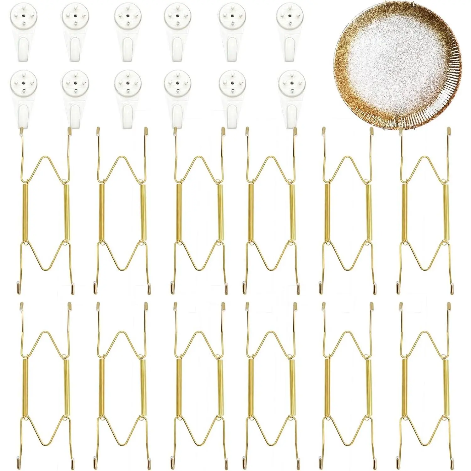 12 Pack Gold Invisible Stainless Steel Plate Hangers for Wall, Suitable for 6-8 Inch Decorative Plates, with Invisible Nails for Plate Display