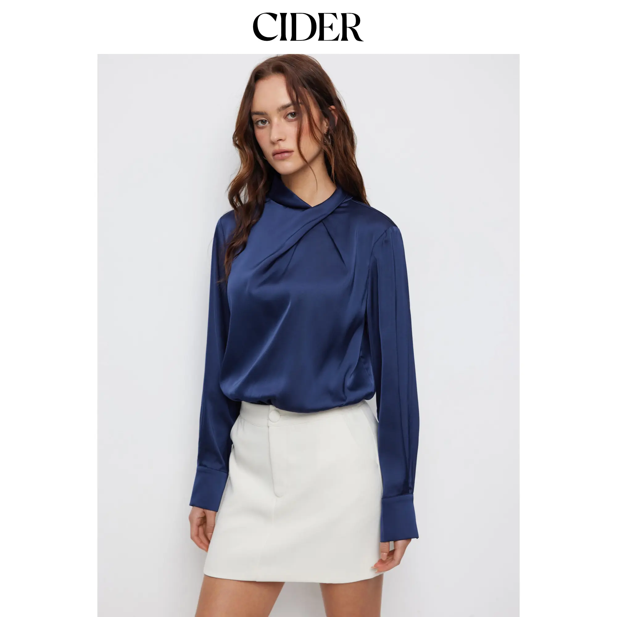 Cider Satin Stand Collar Twist Long Sleeve Bodysuit
