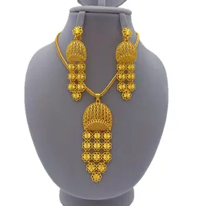 18K Gold Plated Filigree Flower Tassel Statement Necklace Earrings Set, Luxury Dubai Arabic African Bridal Jewelry Set, Hollow Dome Floral Fringe Gold Jewelry For Wedding Eid Party