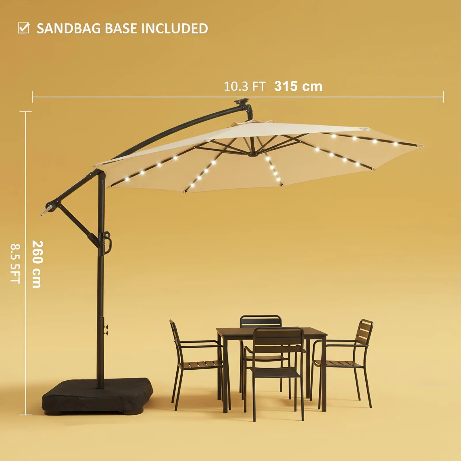 10Ft Solar Lights Offset Cantilever Patio Umbrella - W/Light And Base, LED Lighted Offset Hanging Patio Outdoor Market Umbrella UPF50+ UV Protection with Easy Tilt And Crank, Outdoor Patio Furniture, Heavy Duty, Sun Shade Sail
