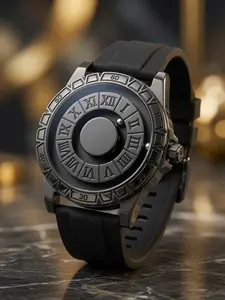 Magnetic Ball Men's Silicone Watch, No Traditional Hands, Retro Roman Numerals, Anti-Slip Band, Waterproof, Fashionable Design