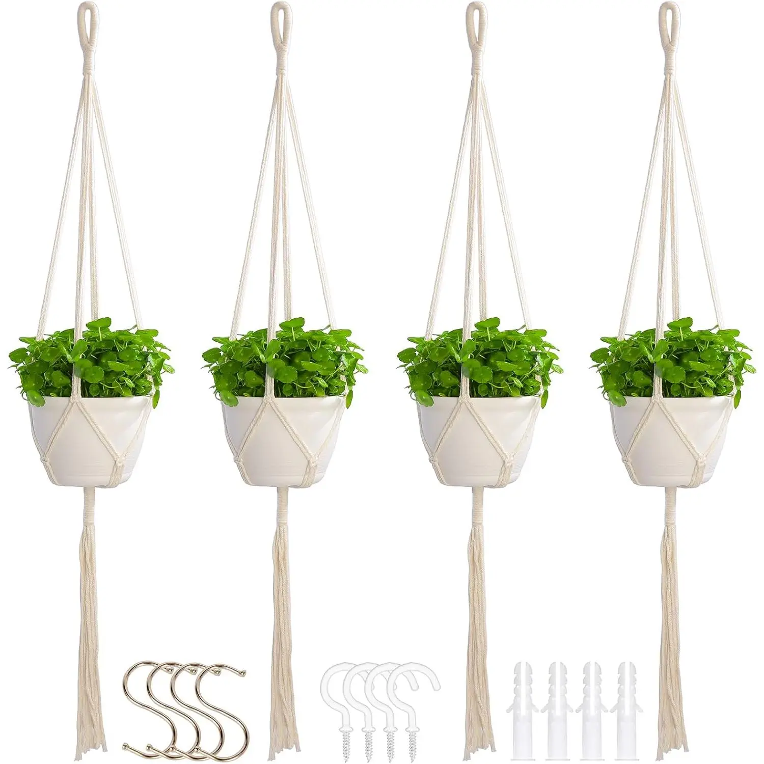 4 Pack Macrame  Hangers Indoor Set Large Crochet  Holder,  | Simple Design With 12 Accessories for Outdoor & Indoor, Made of   Rope, Hold up to 12 LBs, Fit 12 Inch Dia Pot