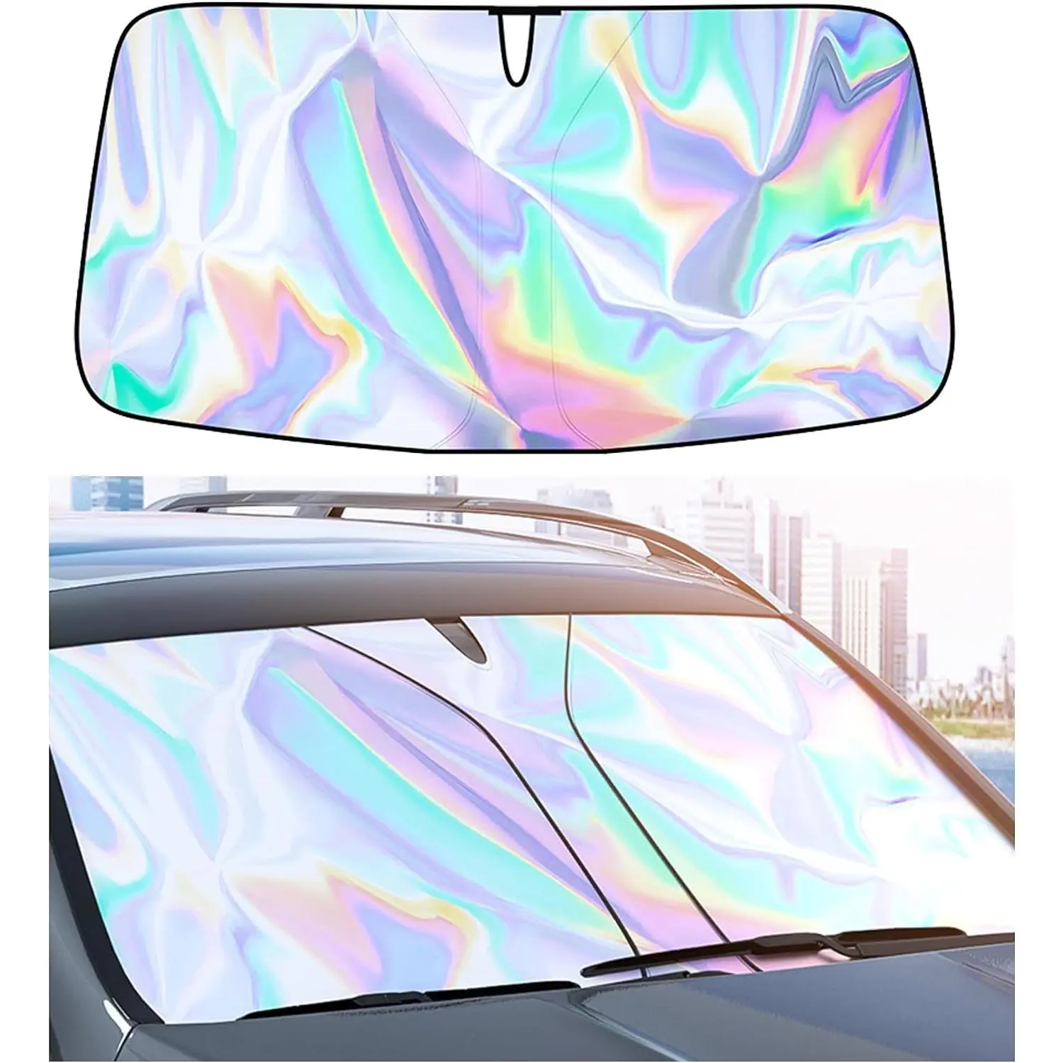 Foldable Titanium Front Windshield Sunshade - Iridescence, Synthetic, Easy Install, Heat Reduction, UV Blocking Reflector Cover for Large SUVs (57 x 31.5 in)