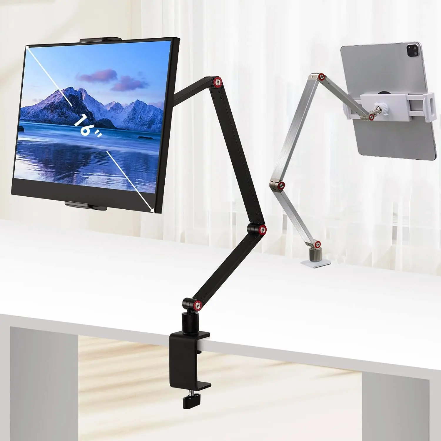 Multi-Functional Phone Stand, Tablet Stand for Various Devices, Portable Display Stand 15.6", 16", 360° Rotatable Desktop Base. Adjustable Long Arm Foldable Tablet Stand, Phone Desktop Holder with Clip, Live Streaming Stand, Aluminum Alloy, Android