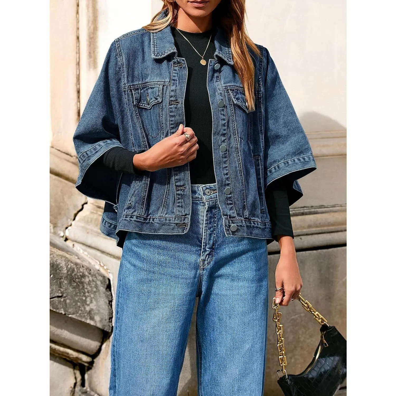 【Restock】Tankaneo Womens Jean Jacket Oversized Cropped Short Sleeve Cotton Denim Jacket Fall Trendy Cape Outerwear with Pockets