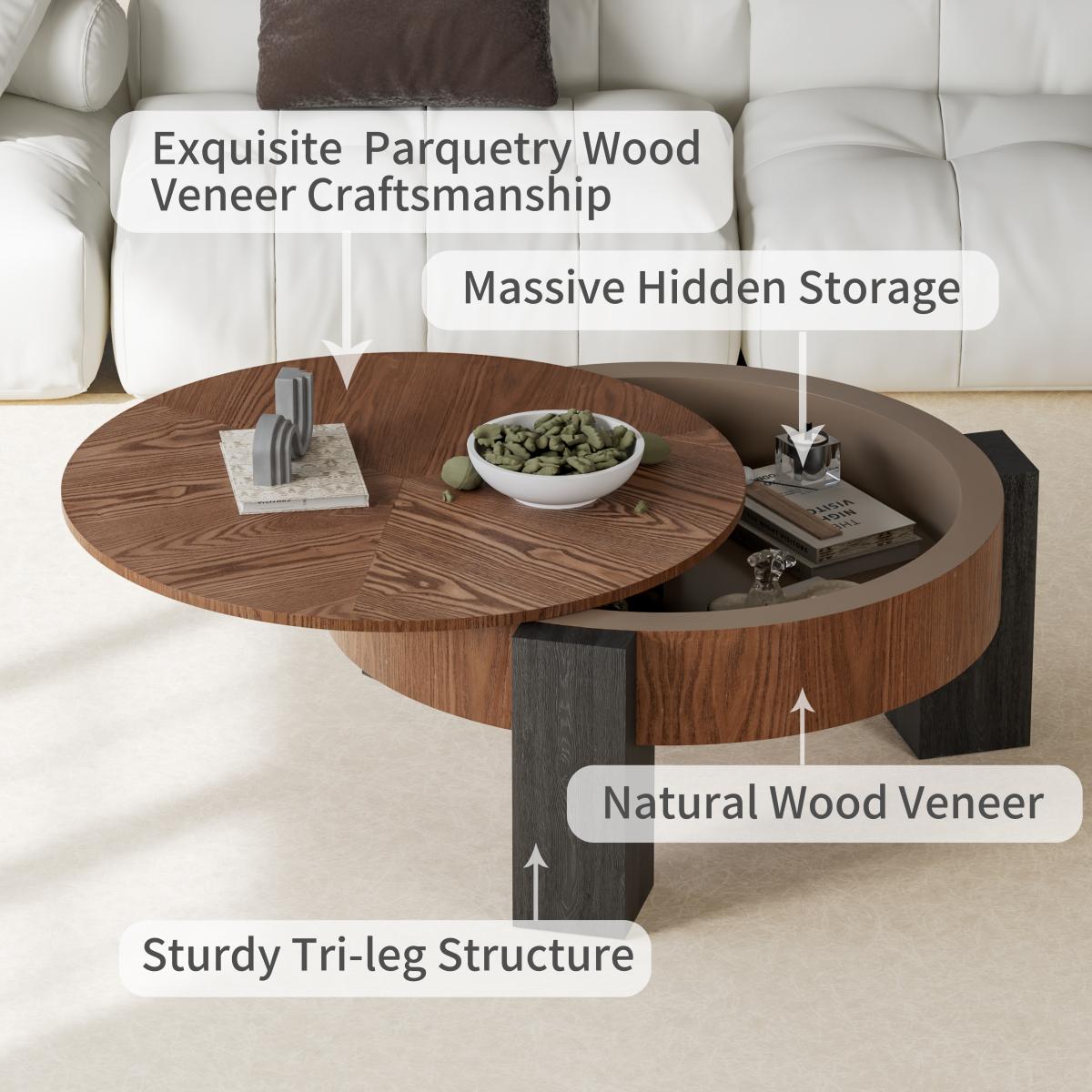 33'' Round Coffee Table with Hidden Storage, Modern Wabi-Sabi Wood Parquet Veneer Top Table, 3 Block Legs Sturdy Center Accent Table for Living Room, Small Space 33'' Round Coffee Table with Hidden Storage, Modern Wabi-Sabi Wood Parquet Veneer Top Table, 3 Block Legs Sturdy Center Accent Table for Living Room, Small Space