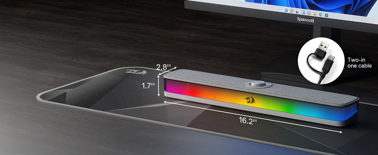 Redragon GS515 RGB Desktop Soundbar, 2.0 Channel Stereo Computer Speakers for Desktop with Bluetooth 5.3, USB-C/USB Powered, Gray