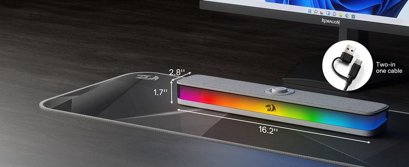 Redragon GS515 RGB Desktop Soundbar, 2.0 Channel Stereo Computer Speakers for Desktop with Bluetooth 5.3, USB-C/USB Powered, Gray