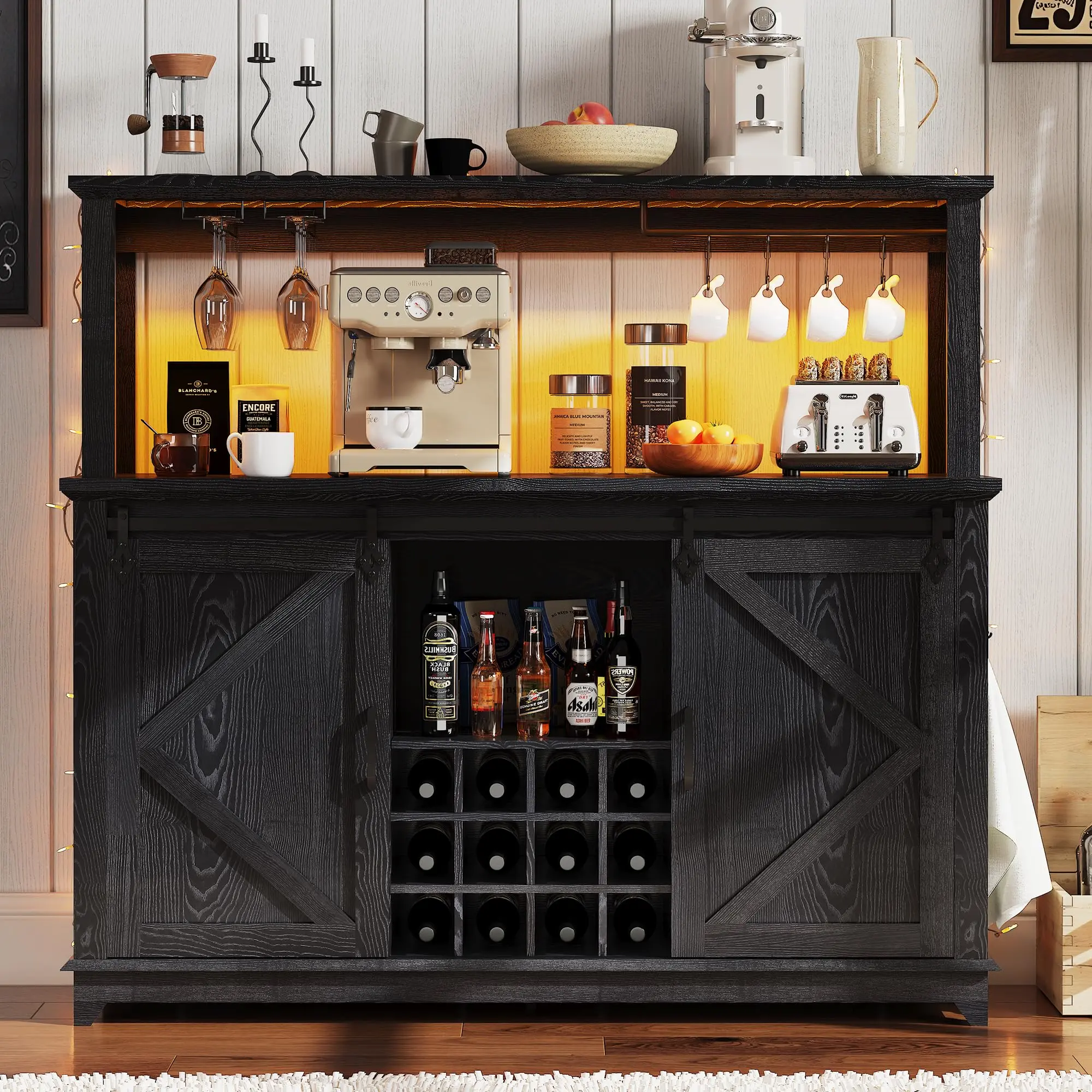 55 Inch Farmhouse Coffee Bar Cabinet, Kitchen Hutch with Sliding Barn Door, Built-in Power Outlet & LED Lighting, Drawers and 12-Bottle Wine Rack, Large Storage Sideboard for Dining Room